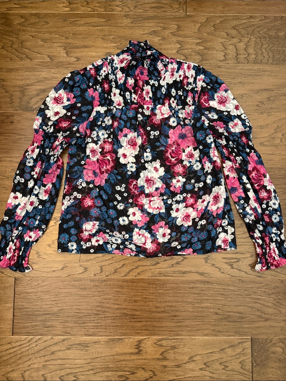 Sugarlips Black Floral Smocked High-Neck Sheet Blouse with Pink & Blue Flowers-S